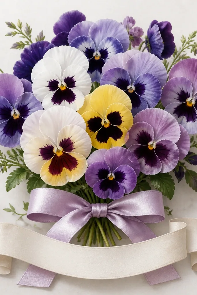 A pansy bouquet tied with a satin-looking ribbon bow. There's a blank banner area under the bouquet where handwriting could go, and the ribbon has soft shading folds.