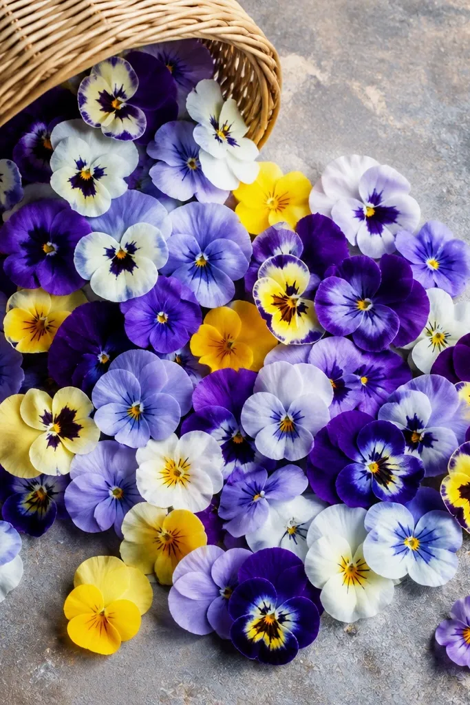 A top-down view of pansies spilling from a wicker basket. The basket is drawn with curved weave lines, and the pansies overlap like a real pile.