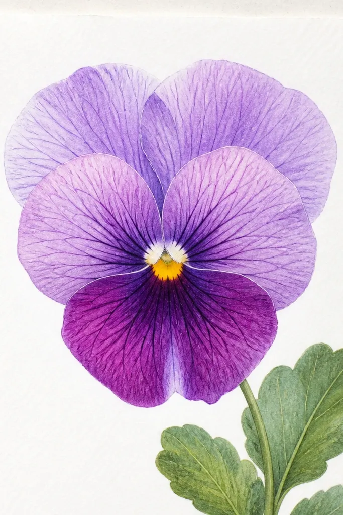 Watercolor pansies with crisp colored pencil vein lines. The upper petals are pale violet, lower petals are deeper plum, and veins radiate from the center.