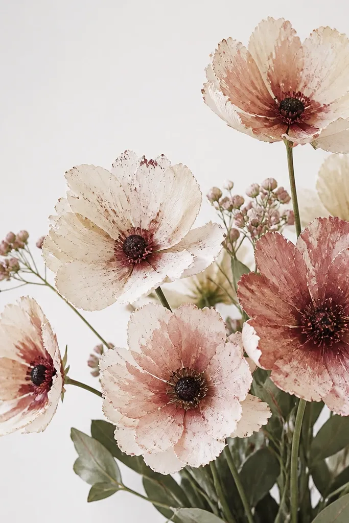 A bouquet where petals have visible dry brush speckling and uneven pigment edges. The centers are darker with a soft gradient, and the background stays mostly blank.