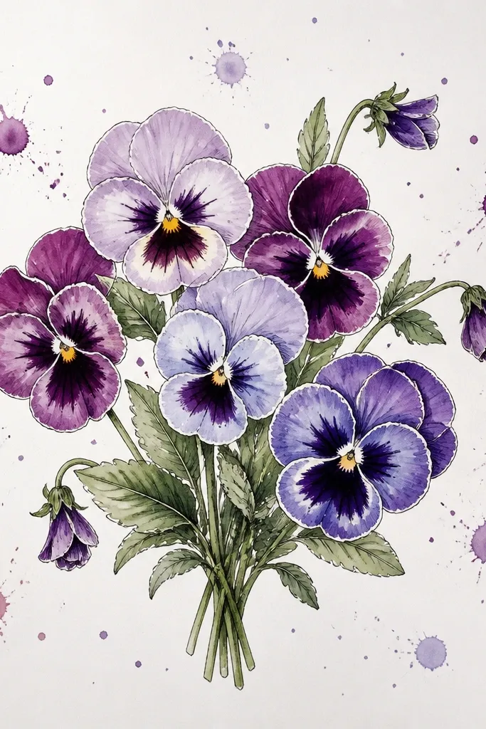 A clean ink-outlined pansy bouquet with a light watercolor wash. Behind it, there are controlled ink splatters in plum and violet, spaced like a constellation.