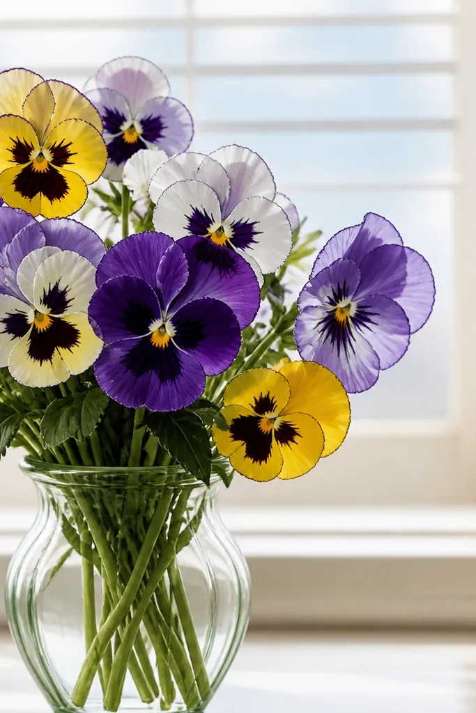 Pansies in a vase in the foreground, with a simple window frame behind. The window has faint horizontal blinds and a pale sky wash, and the bouquet petals are outlined in ink.