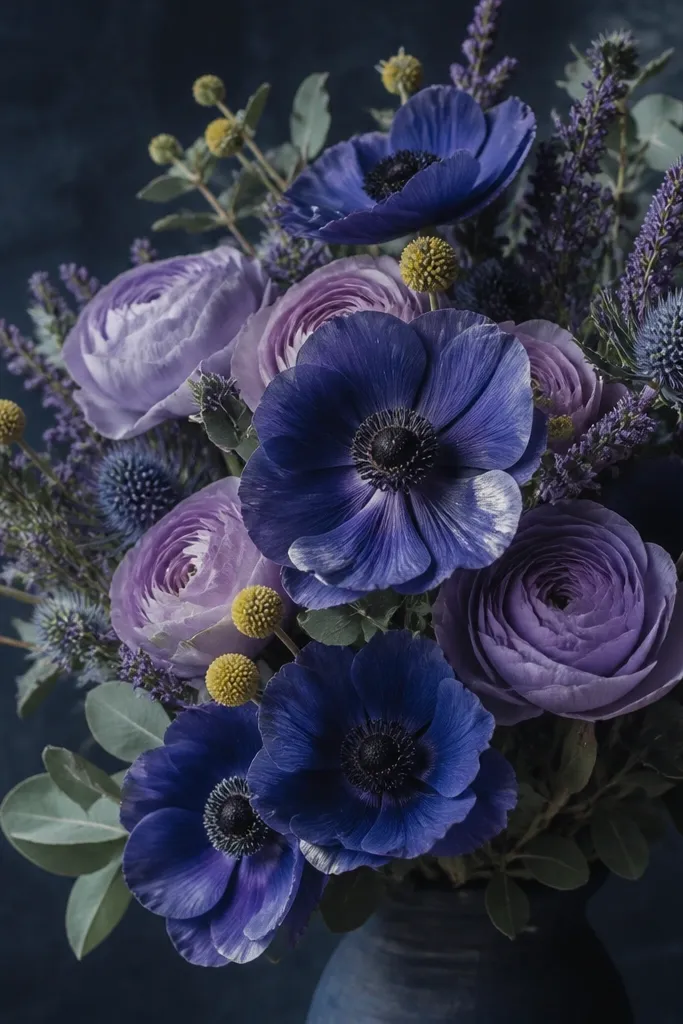 A bouquet drawn with cool, dark background wash. Petals are painted in deep indigo, dusty lavender, and a muted yellow center, with a few white highlights on petals.
