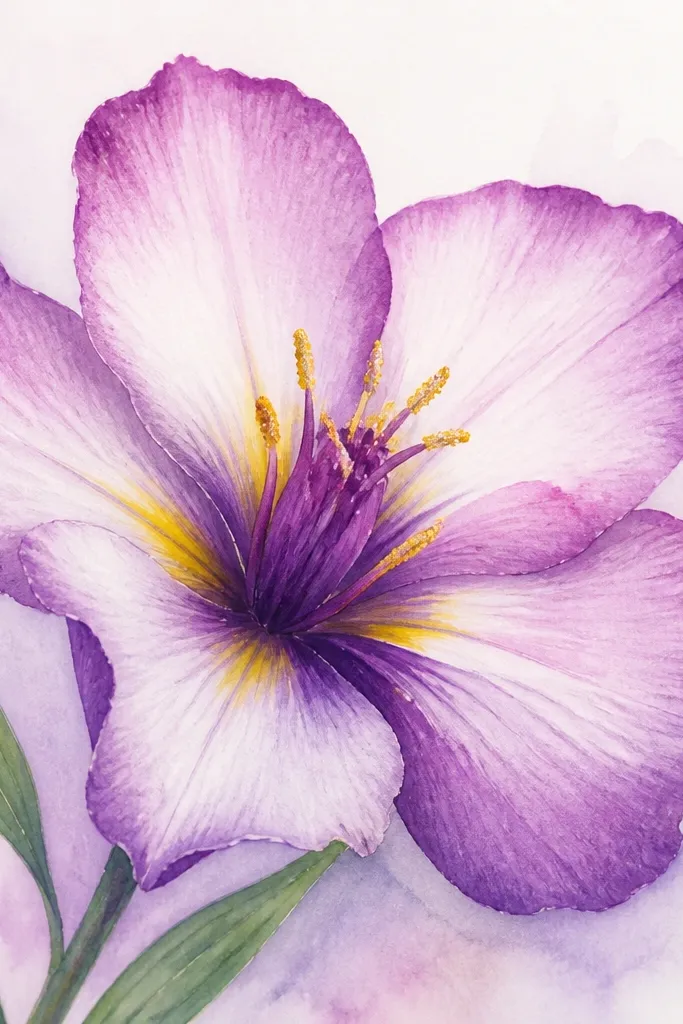 Petals colored with watercolor pencils that fade from darker edges to lighter centers. The center is strong purple with a yellow streak, and the background is a light wash.