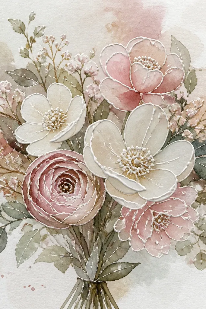 A bouquet illustration where the centers and a few petal edges have raised white lines. The background is soft watercolor, and the highlights look like tiny enamel strokes.