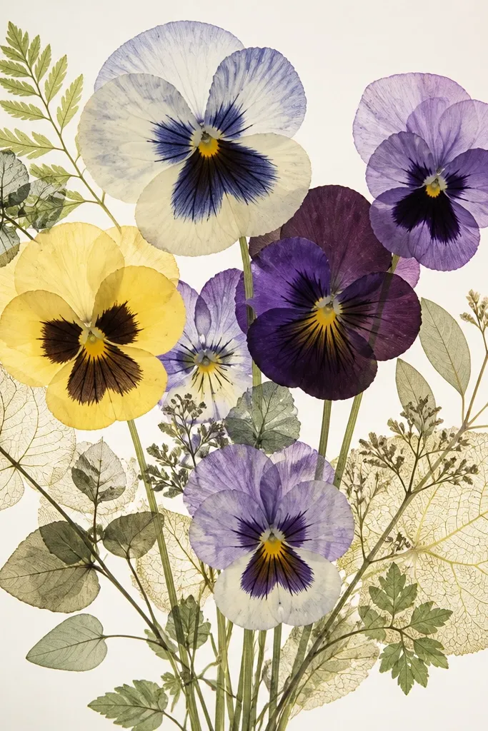 A pansy bouquet with leaves drawn like pressed botanical specimens. Leaves have visible vein lines and a slightly translucent watercolor wash.