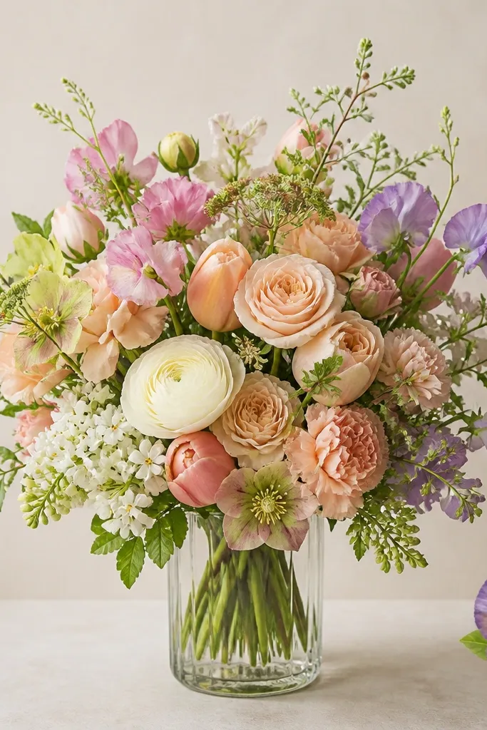 A bouquet centered, with two pansies tucked into the top-left and bottom-right corners. The main bouquet sits in a vase outline, and the tucked blooms look like they're peeking out.