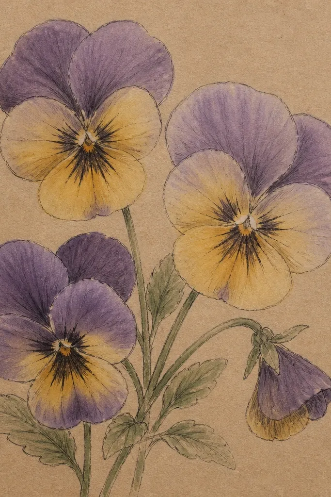 Pansies drawn on kraft-colored paper. The petals are painted in muted violet and dusty yellow, with pencil outlines and light ink accents. The background stays mostly untouched.