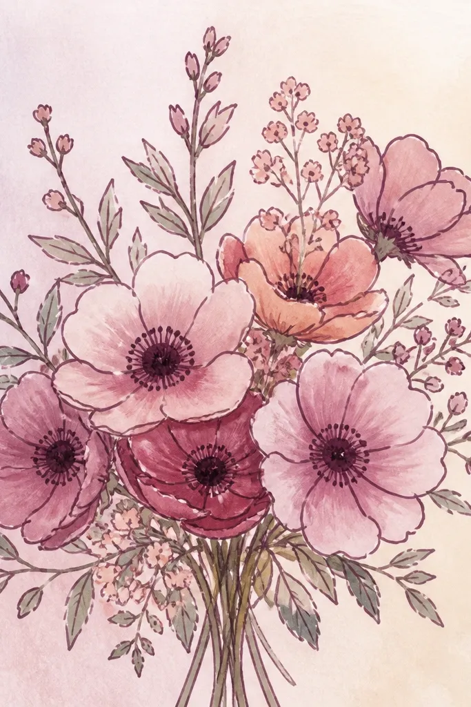A bouquet outlined with a muted plum marker. Petals are filled with watercolor wash, and the centers have darker marker accents. The background is a light watercolor gradient.