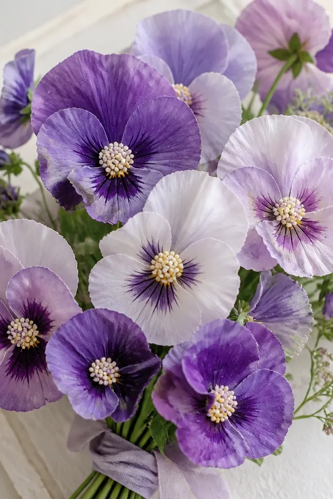 A watercolor pansy bouquet where the centers have raised texture made from tiny paper dots. The petals are painted in soft purples and the centers look slightly dimensional.