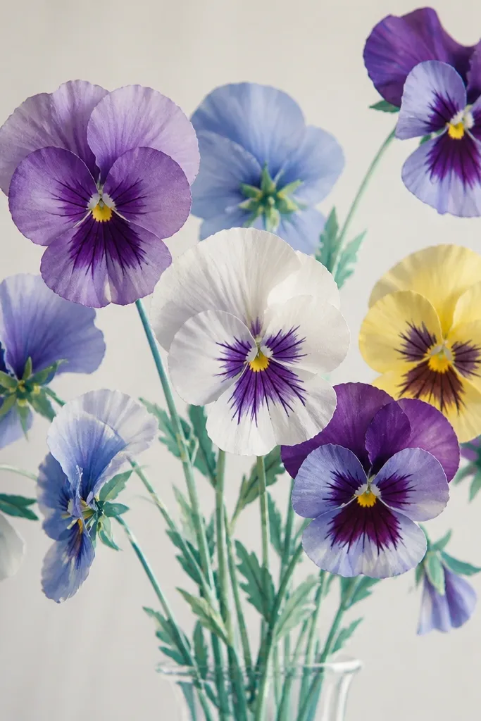 A pansy bouquet where stems and veins are drawn with pastel gel pens in green and teal. Petals are watercolor washes, and the stems look crisp and slightly glossy.