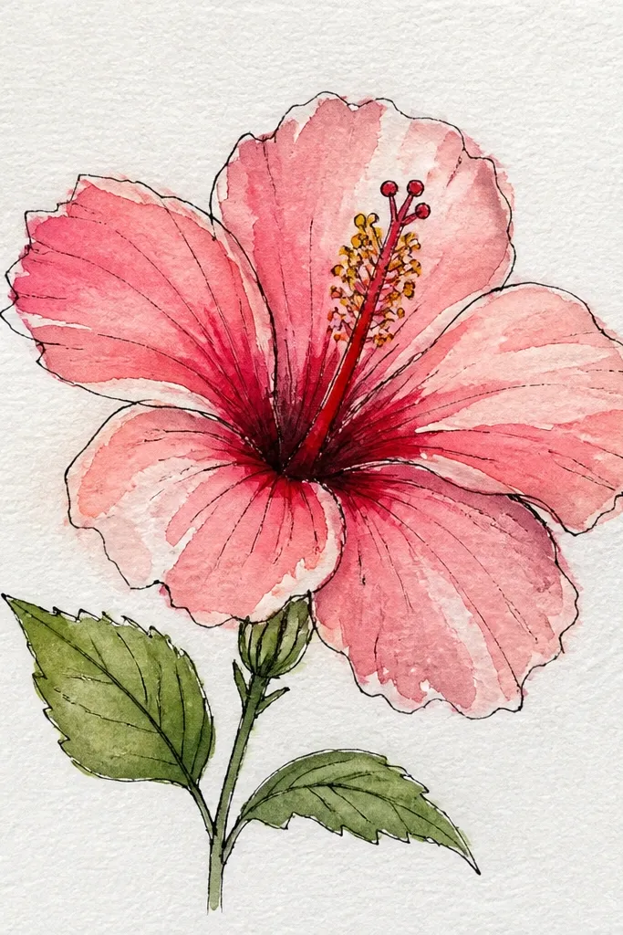 A single pink hibiscus flower centered on white paper. The outer petals are lightly colored with a pale pink wash, while the inner petals are slightly deeper rose. The center column is left brighter with a soft, smoky pink halo around it; tiny stamen lines radiate upward in thin dark strokes.