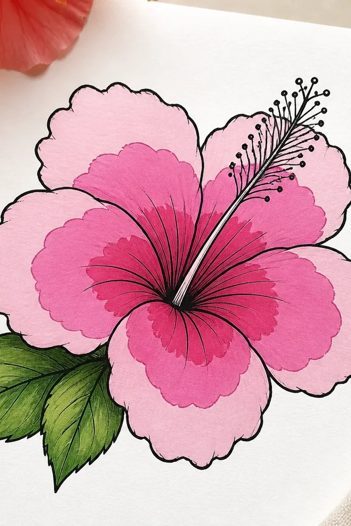 A hibiscus flower drawn with bold black ink outlines. The petals are filled with smooth marker color in three pink bands: pale at the top edges, mid pink in the middle, and darker rose near the center. The stamen is drawn with thin black lines and small dots at the tips.