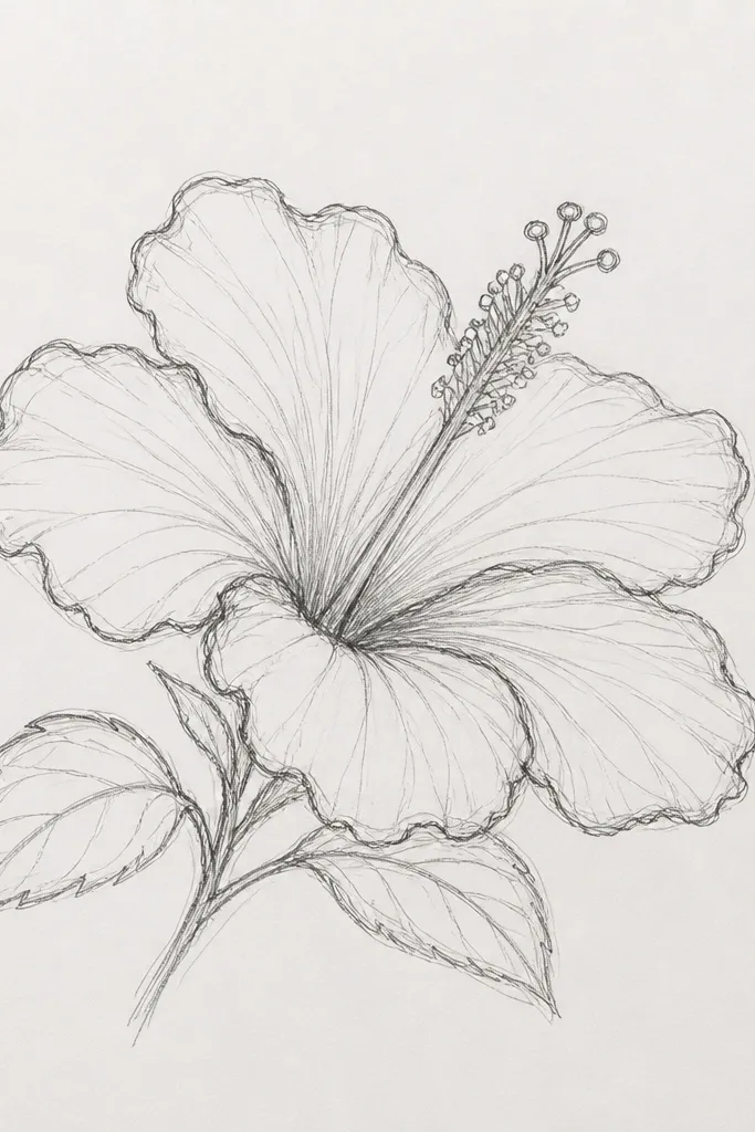 A hibiscus drawn at a slight angle, not straight-on. Some petals appear closer and larger on the left, while petals on the right look narrower. The center column tilts, with stamen lines angled slightly upward. Pink shading shows darker folds on the nearer petals and lighter edges on the far petals.