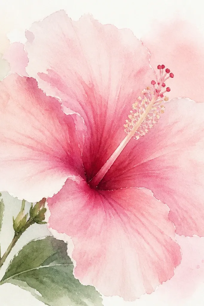 A watercolor hibiscus where the petals have soft edges and gentle pigment blooms. The pale pink petals fade into slightly darker rose near the center. The center column is partly washed, with the stamen suggested by lighter lines and a few darker dots.