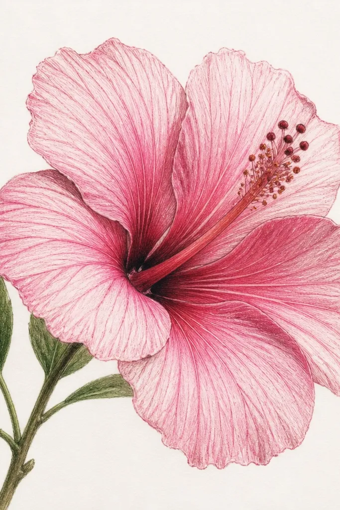 A detailed hibiscus with visible pencil vein lines inside each petal. The petals are shaded with soft blending from pale pink to rose, and the fold lines look darker. The center column is drawn with fine pencil texture, and the stamen tips are darker specks.