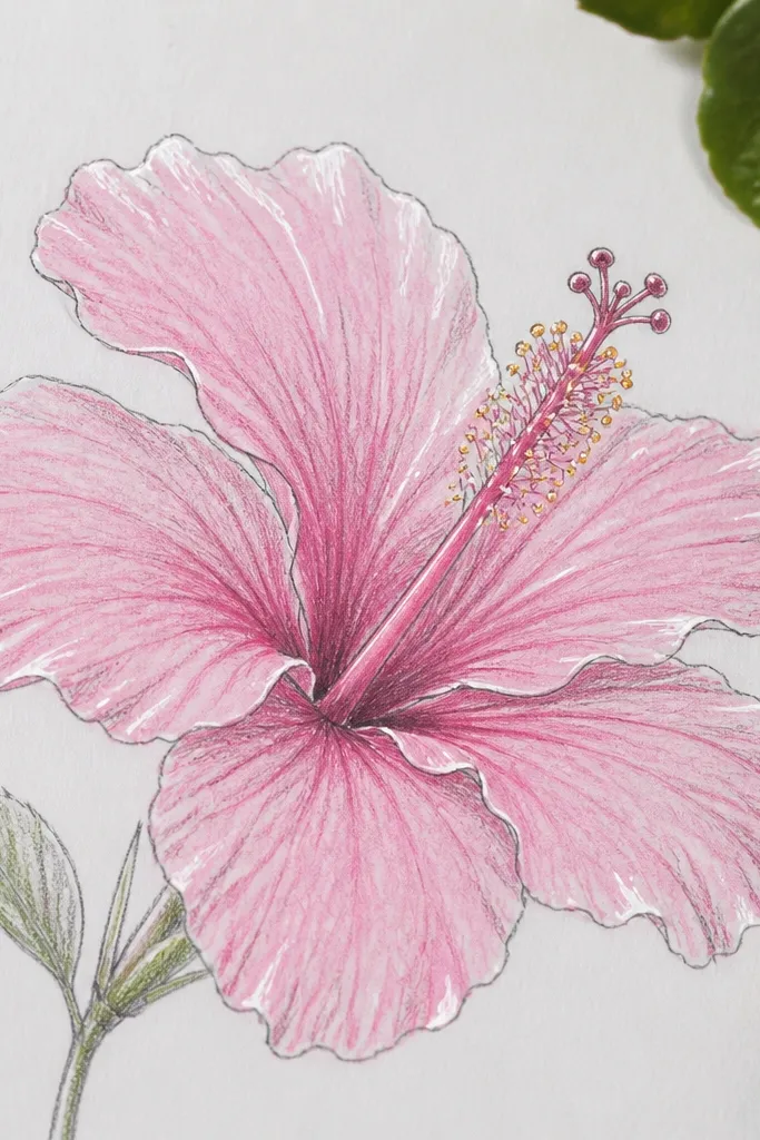 A hibiscus outlined in pencil and colored with light to mid pink. The top edges of each petal have bright, glossy white gel pen highlights. The folds are shaded in rose, and the center column has a crisp outline with tiny gel pen dots for pollen sparkle.