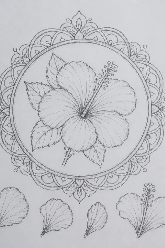 A central pink hibiscus flower surrounded by a circular border of small repeating petal shapes and dots. The main flower has three-tone pink shading and a darker center column. The border is mostly linework with light pink accents, and the whole piece sits inside a thin square frame.