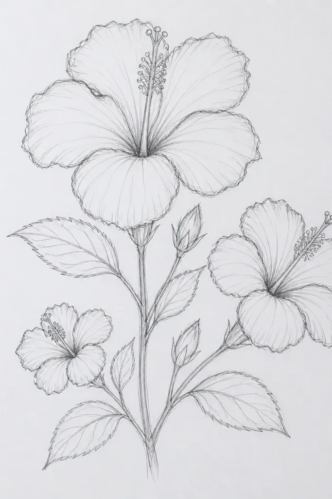 A small bouquet drawing showing three hibiscus flowers: one large in the foreground, two smaller behind it. The front petals are shaded with pale pink and rose folds. The back flowers are lighter and slightly blurred in tone, with fewer vein details. The stems are thin and curved, tying the flowers together.