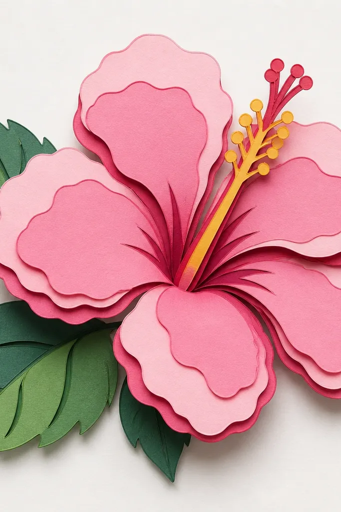 A hibiscus drawing that looks like layered cut paper. Each petal edge has a slightly darker outline, and the petals are filled with flat pink blocks: pale pink on top, mid pink in the main body, and rose shadow beneath. The center column has a paper-like layered look with crisp boundaries.