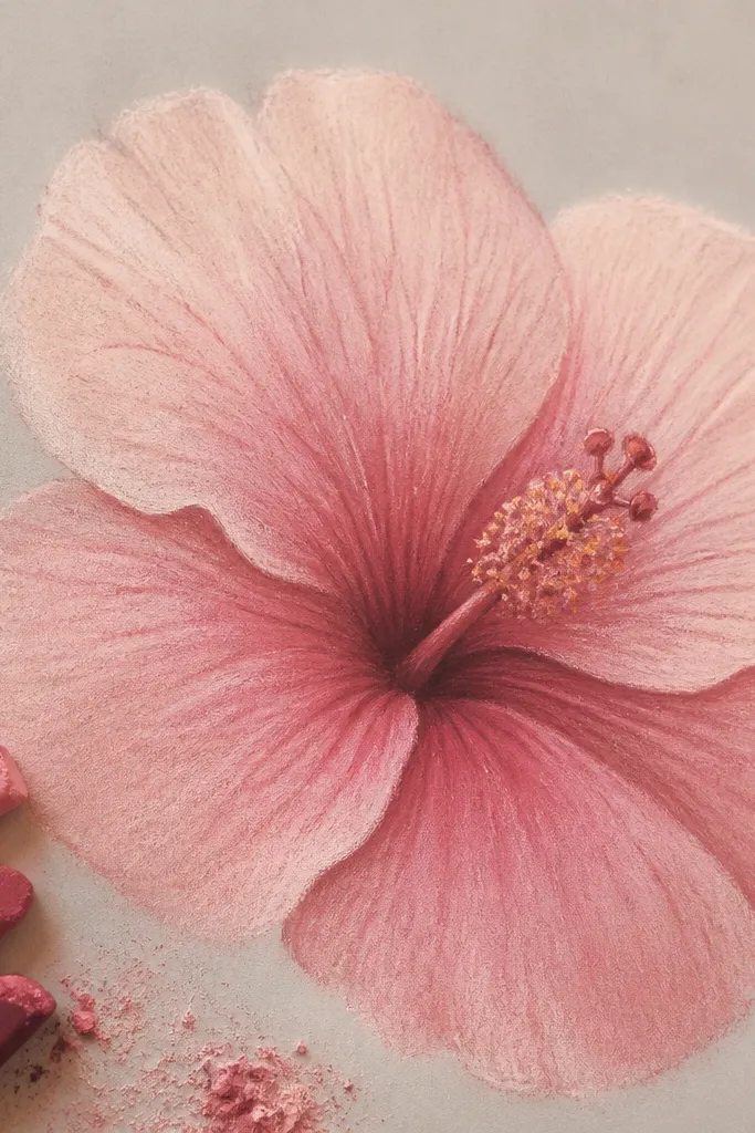 A hibiscus with muted pinks made from pastel sticks. Petals fade from pale blush at the top to deeper rose toward the center. The veins are hinted with darker pencil, but most texture is soft and powdery. The center column is slightly darker and the stamen has soft specks.