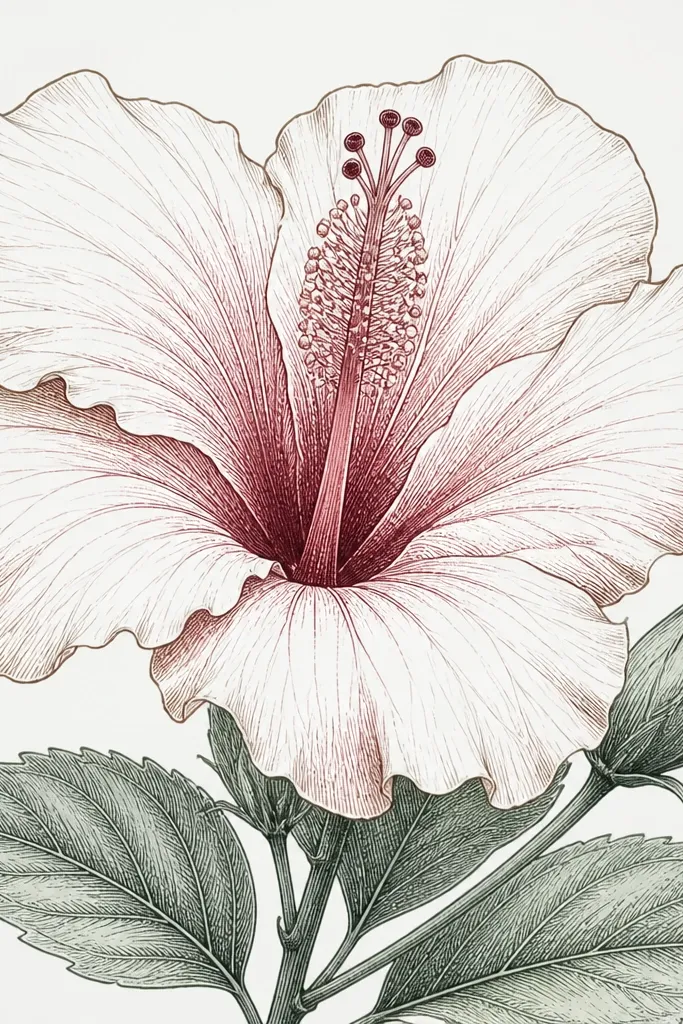 A line-heavy hibiscus with crisp outlines and crosshatch shading. The outer petals are mostly pale, with crosshatch in rose for deeper folds. The center column is built with dense hatching, and the stamen is drawn with thin lines and small clustered dots.