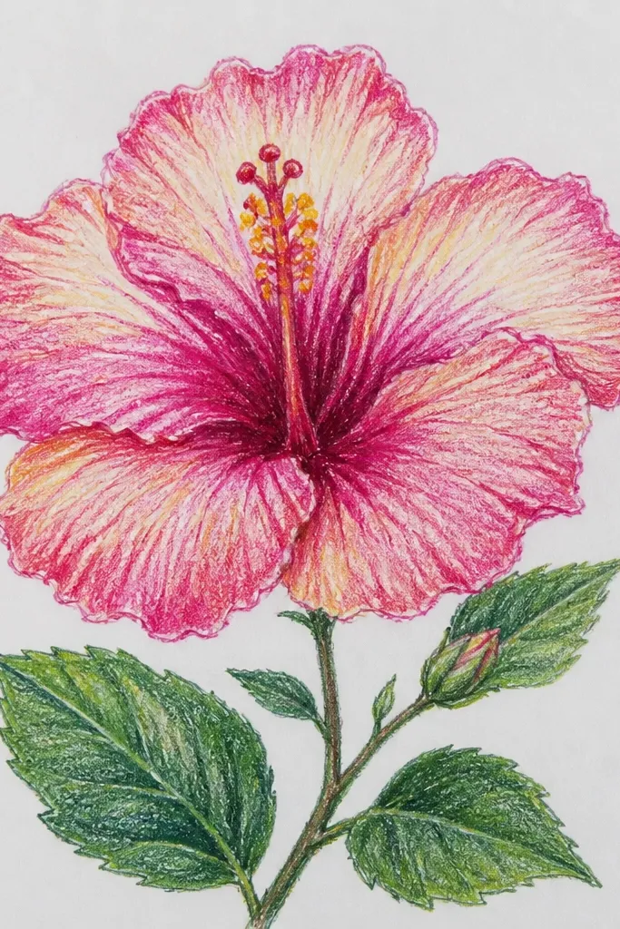 A hibiscus flower drawn with a smooth gradient from pale pink at the outer top edges to deeper rose toward the center. The gradient looks directional, following each petal's curve. The center column is slightly darker, and the stamen is drawn with fine lines.
