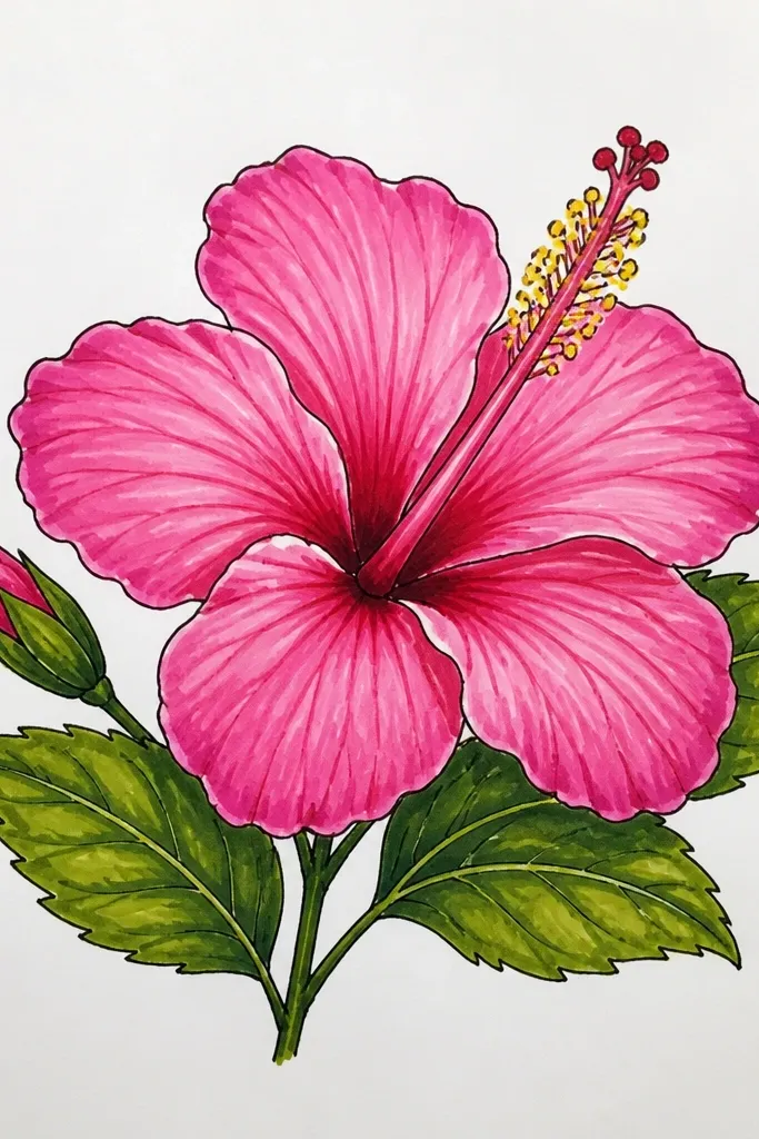 A highly finished hibiscus with smooth, slightly glossy colored pencil shading. Petals show pale highlights, mid pink body, and darker rose folds with clean edges. The center column has a polished look, and the stamen tips are sharp dots.