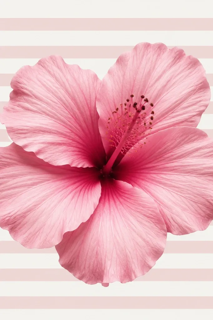 A pink hibiscus centered in front of light background stripes. The flower is shaded with three pink tones and rose fold shadows. The stripes run behind the petals and stop just before the flower edges, creating a cutout effect. The stamen is drawn with thin lines and small dark dots.