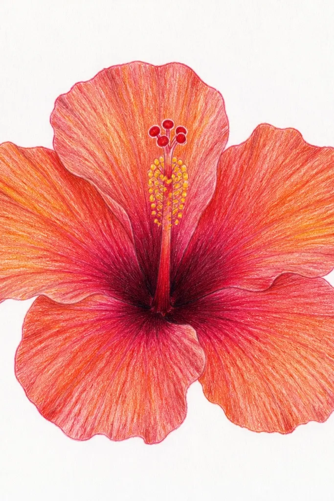 A hibiscus with detailed center texture made from many tiny dots. Petals are shaded in pale pink and rose folds, with softer edges. The center column is darker rose, and the stamen area is packed with small pollen dots forming a textured gradient upward.