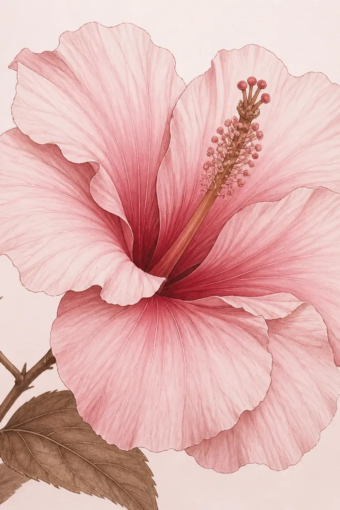 A hibiscus drawn using only pink and warm brown tones. Petals are pale pink with mid pink shading, and fold shadows are warm brown blended into rose. The center column is warm brown with a few darker pink accents. The outlines are clean and slightly lighter than pure black.