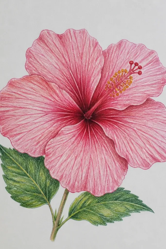 A hibiscus with very visible dark rose vein lines running from the base of each petal to the outer edges. The petals are filled with pale pink and mid pink, but the veins stay darker and crisp. The center column is outlined in dark rose with simple stamen lines.