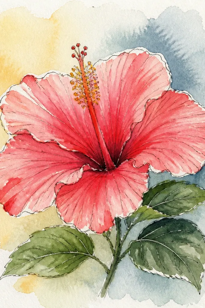 A hibiscus in the foreground with three-tone pink petals. Behind it is a soft ombre wash background that fades from light peach near the bottom to very pale pink near the top. The flower edges have clean contrast, and the center column is slightly darker rose with stamen lines.