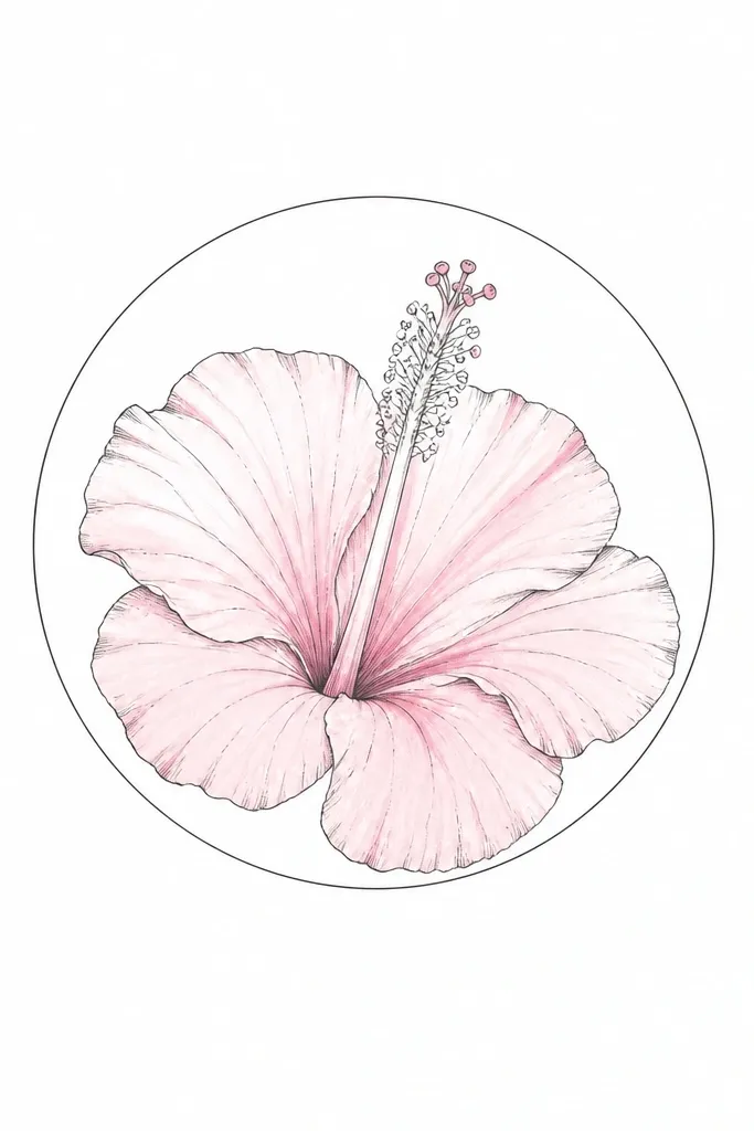 A hibiscus drawn inside a thin circle. Only the petals are lightly colored in pale pink with small rose accents near folds. The outlines are dark pencil or thin pen, and the center column is mostly linework with a few rose touches. The rest of the page is blank white.