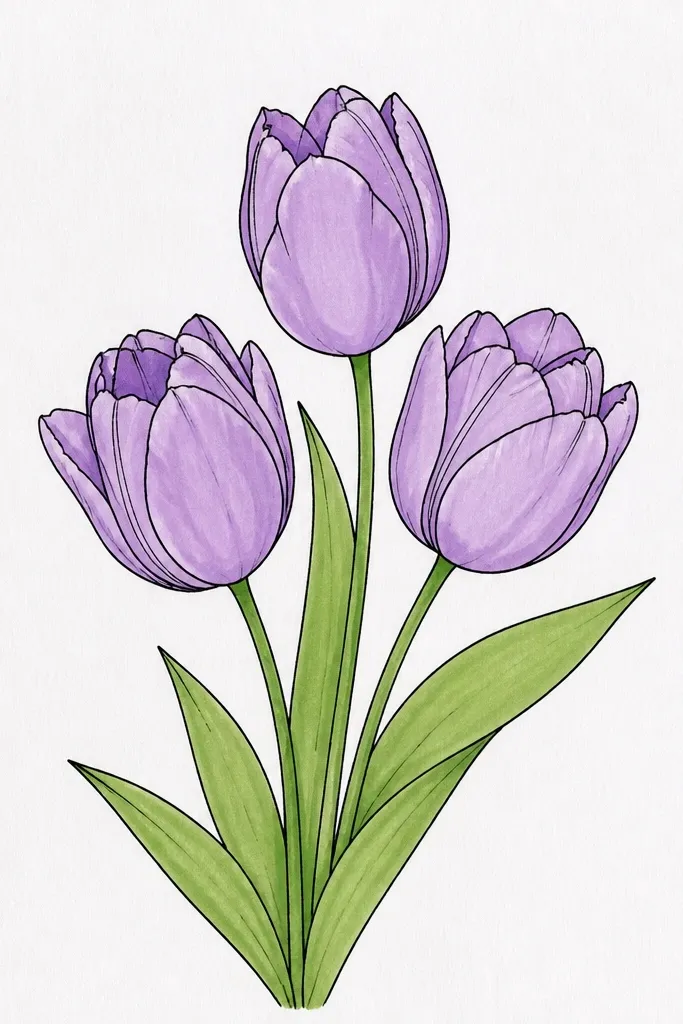 Three lavender tulips drawn with crisp black fineliner outlines, each petal filled with pale lavender watercolor that fades toward the inner seam. The centers are a slightly darker lilac with a tiny yellow dot highlight, and the leaves are muted sage-green strokes.