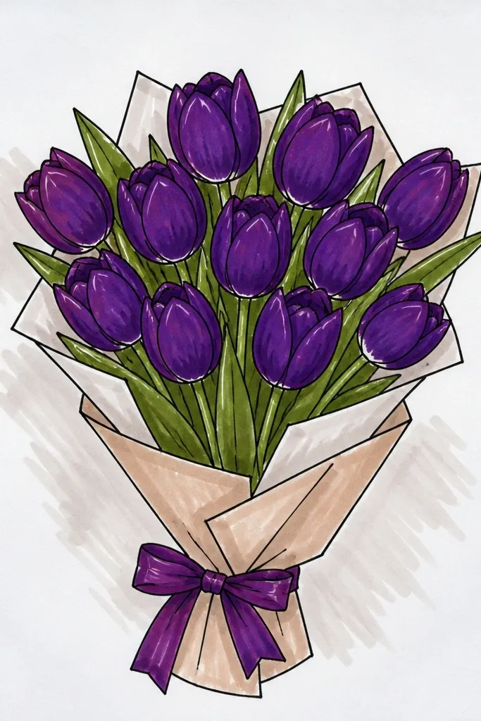 A tight bouquet of five deep violet tulips with bold dark outlines, shaded using dry-brush texture. The petals show grainy, speckled violet streaks on the lower half, with lighter lavender highlights on top edges. Leaves are dark green with rough, streaked texture.