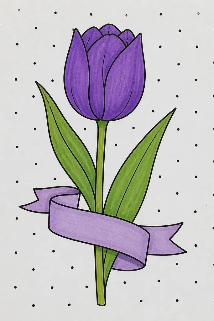 A curved ribbon banner across the page with purple tulips sitting along the top fold. Behind them is a field of small evenly spaced dots in pale lavender and white. The tulips have clean outlines and minimal shading, with dark violet accents at the petal seams.
