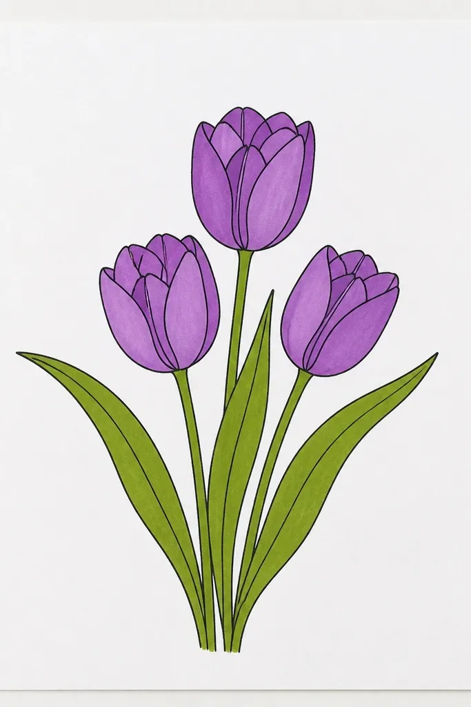 A minimal drawing of three purple tulips in monoline style: single-weight lines form petals, with solid purple stems that are thicker than the outlines. One tulip is centered, two are behind it, and the background is plain white with no shading except two solid violet petal wedges.