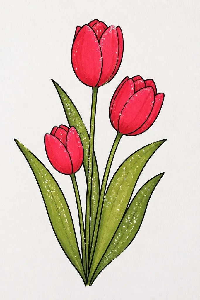 Four watercolor tulips in lavender and violet with expressive splashes around the stems. Each petal has a soft wash, and tiny white salt crystals appear as sparkly spots in the wet paint. Leaves are a loose green wash with splatter edges.
