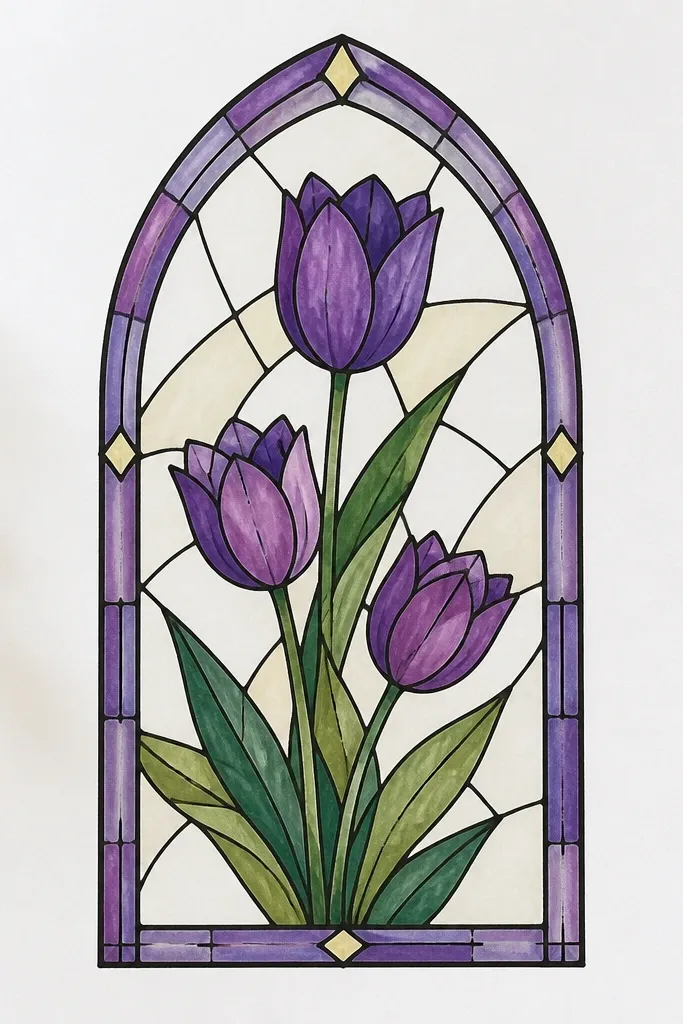 A rectangular frame with thick black outlines dividing sections like stained glass. Inside are three tulips in purple tones, with each petal section filled with translucent lavender and violet. Thin "lead lines" connect petal segments, and the background is pale cream.