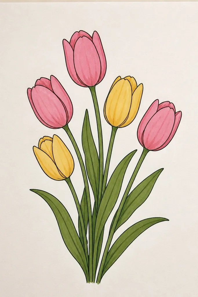 A charcoal drawing of two tulips with smoky gradients. The petals are shaded in dark charcoal and tinted with a light purple pastel near the highlights. The inner folds are deeper and the center has a soft erased oval highlight. Leaves fade into the background with smudged edges.