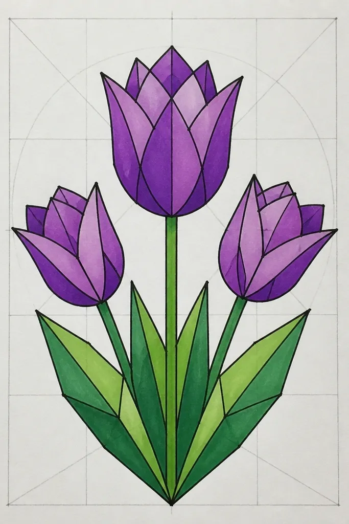 A clean geometric tulip drawing where each petal is made of curved triangles and facets. A faint pencil grid is visible under the design. Colors are lavender, medium violet, and dark purple outlines that follow the geometric edges.