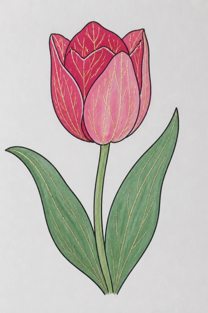 A single tall purple tulip centered on the page. Petals are shaded from lavender to deep violet, and the inner folds contain thin shiny gel-pen lines that look metallic. The background is pale beige, and the stem is a smooth dark green line.