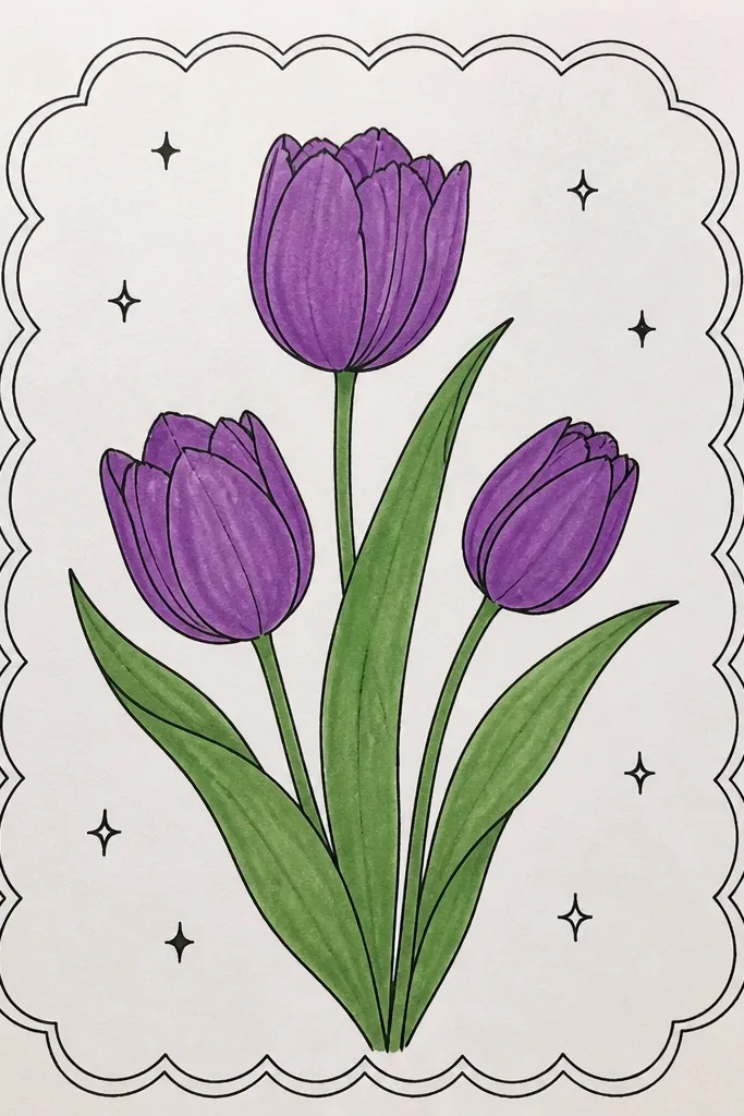 A scalloped border made of repeating half-circles in pale lavender surrounds the page. Inside are two purple tulips with clean outlines and simple shading. Tiny white star dots and small sparkles sit near the top corners.