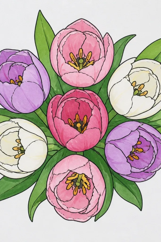 A top-down view of four tulips like they're spread on a table. Petals overlap in clear layers, each layer shaded in lavender and violet. Leaves appear as thin green shapes around the flowers, and stems are mostly hidden under petals.
