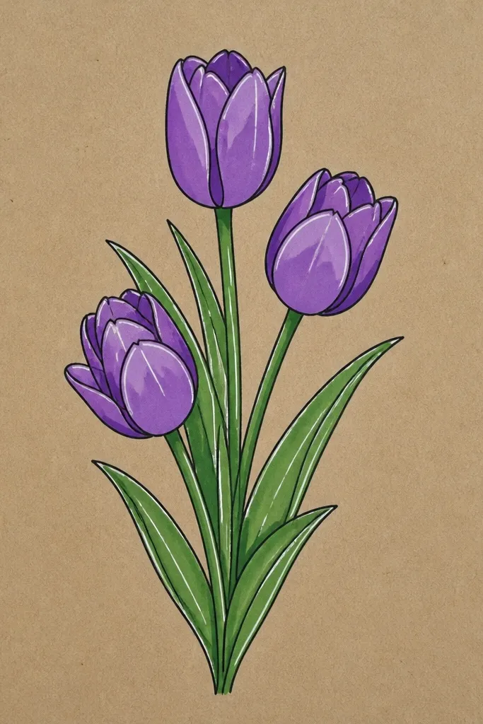 Purple tulips painted on warm kraft paper. The petals are lavender and violet washes that look slightly muted against the brown paper. White gel pen highlights trace petal edges and inner folds. Leaves are a deep muted green with a dry-brush look.