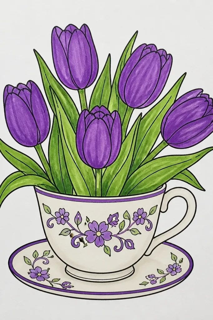 A hand-drawn teacup and saucer with two tulips emerging from the cup. The cup is outlined in dark brown, the tulips are lavender and violet, and tiny steam curls rise above. The background has small holiday dots and a thin border.