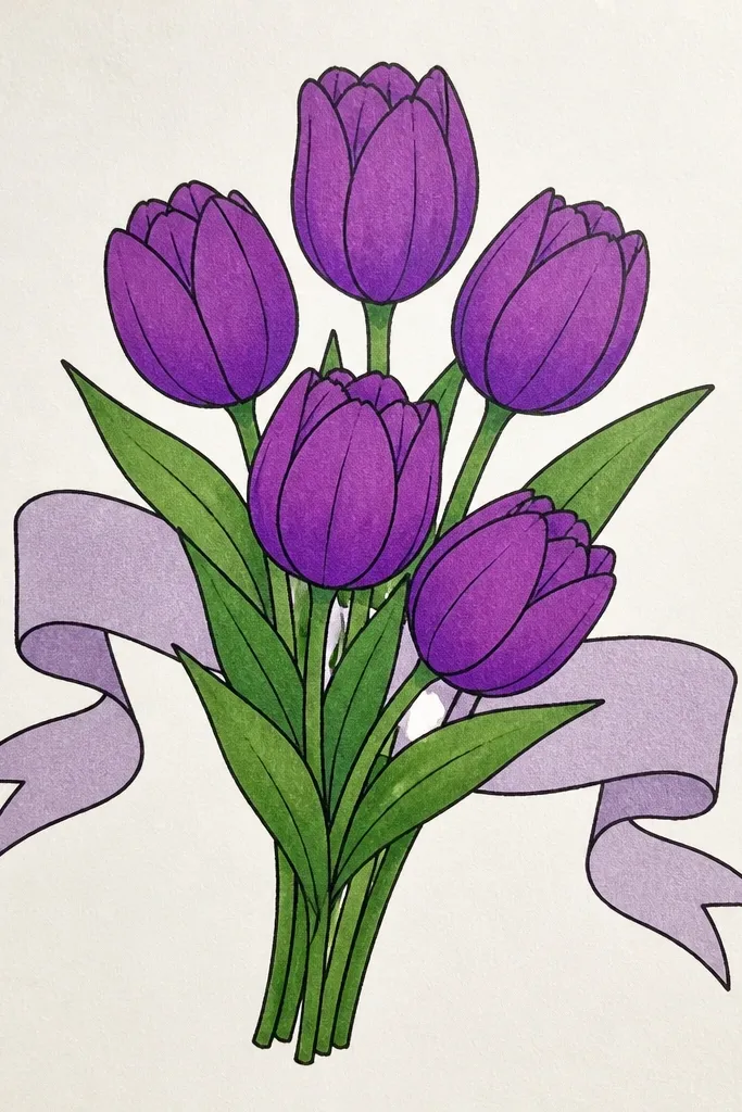 Tulips in the foreground with a wide watercolor ribbon band behind them. The ribbon is a gradient from pale lavender to deep violet with soft edges, and the tulips are outlined in pen with simple shading. The background outside the ribbon is white.