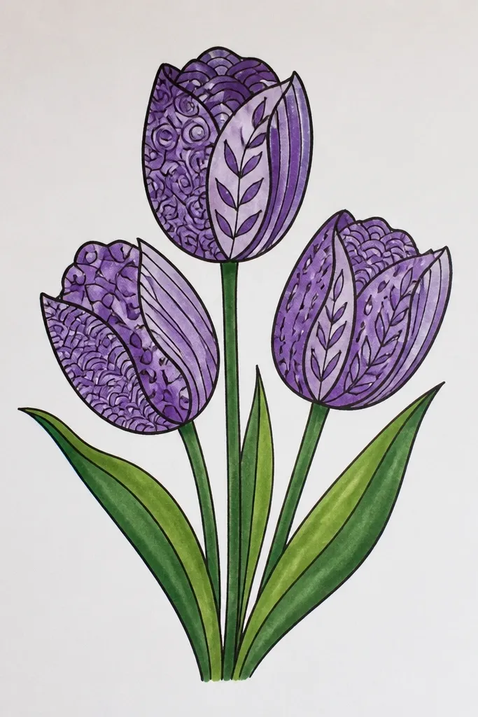 Two purple tulips with each petal filled with repeating Zentangle motifs like tiny curls, dots, and parallel lines. The outer outlines are dark, while the patterned fills are colored in lavender, mid violet, and deep violet. The background is plain white.