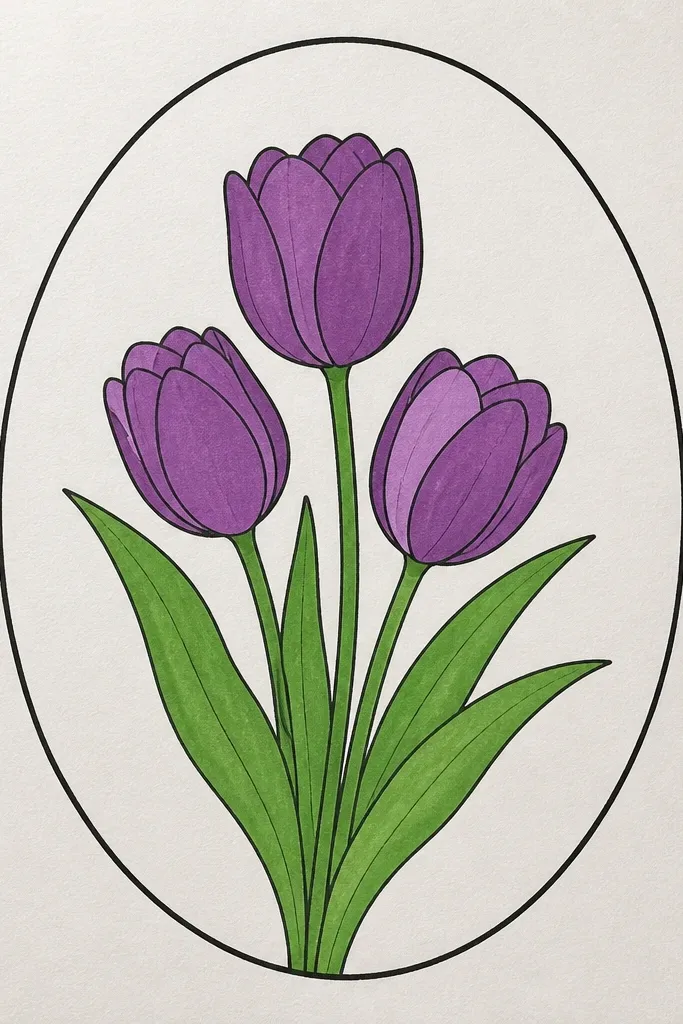 An oval watercolor frame surrounds three purple tulips. The oval is a pale lavender wash with uneven edges, and the tulips are outlined with pen and filled with lavender and violet gradients. The inside background is mostly white with a few faint speckles.